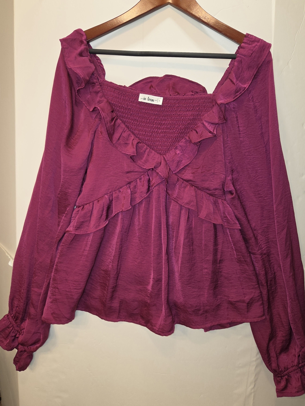 Large Ruffled Smocked Peasant Blouse in Deep Magenta